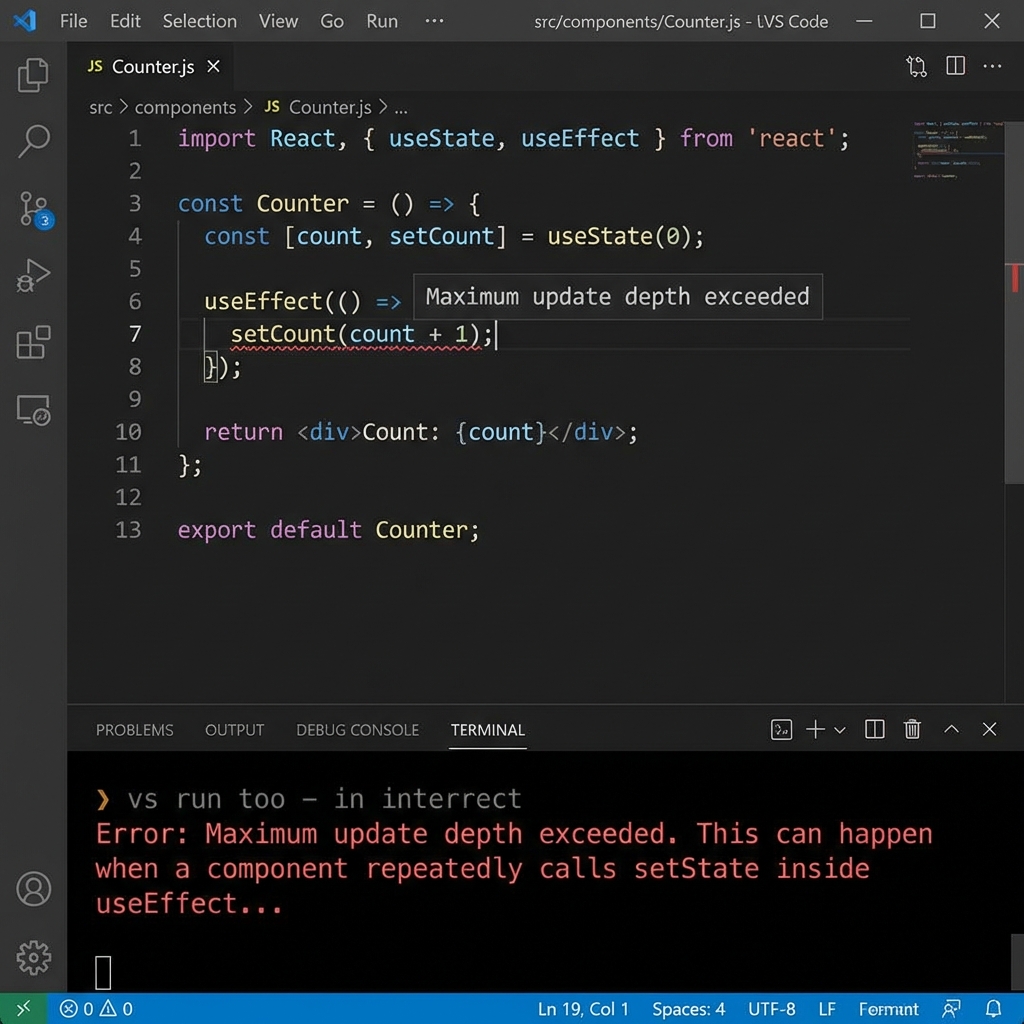 VS Code showing React component with maximum update depth error